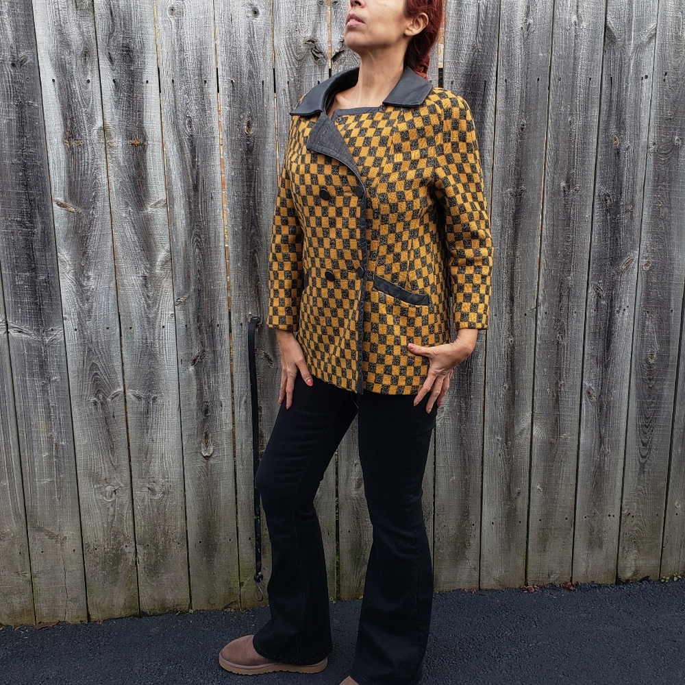 Vtg Mustard Yellow Wool & Grey Check Blend Double Breasted Moto Jacket Blazer L